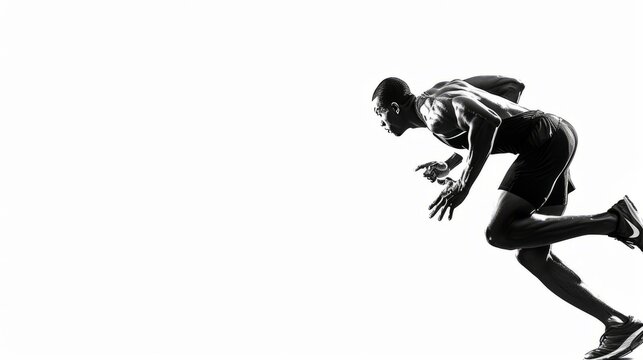 Sports background. Runner on the start. Black and white image isolated on white.