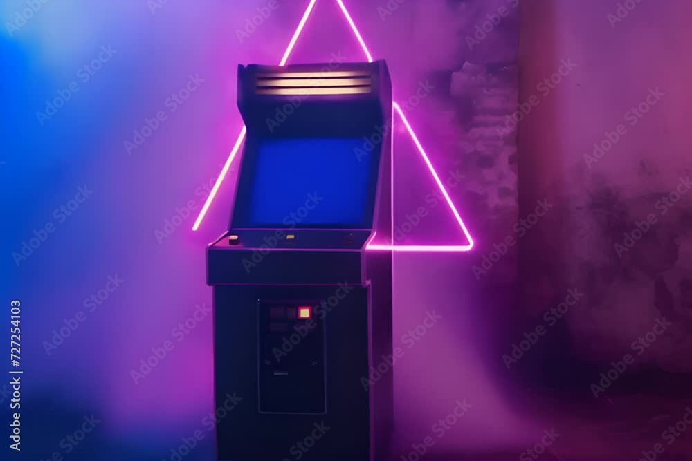 Wall mural Arcade machine and pink neon light triangle, 80s and 90s retro concept.