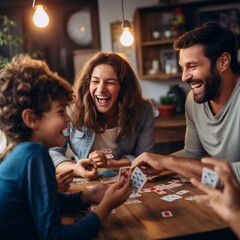 Stock image of a family having a game night with cards and laughter Generative AI