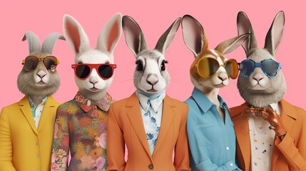 A lively gathering of rabbits dressed smartly in suits and sporting sunglasses. - obrazy, fototapety, plakaty