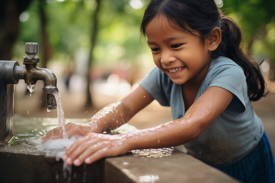 Third World Country Child Girl Happy to Have Clean Water Pouring from Faucet