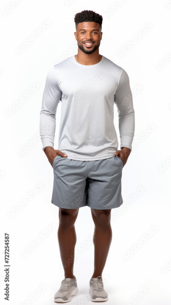 Poster stock image of a man in athletic wear on a plain white background generative ai