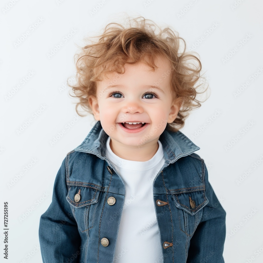 Aufkleber stock image of a toddler in a denim jacket against a plain white background generative ai