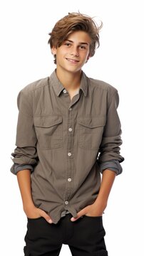 Stock image of a teenage boy in casual attire against a white background Generative AI