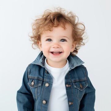 Stock image of a toddler in a denim jacket against a plain white background Generative AI