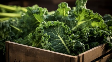 A box brimming with freshly harvested green kale, close-up realistic photo Generative AI