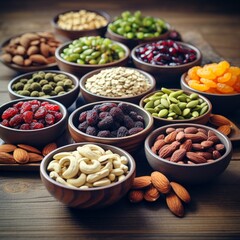 Stock image of a variety of nuts and dried fruits in bowls, a healthy and natural snack Generative AI