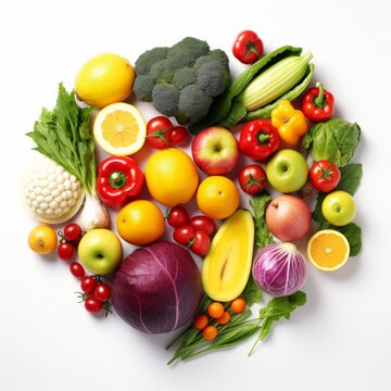 Stock image of a variety of colorful organic fruits and vegetables on a white background, healthy and natural Generative AI