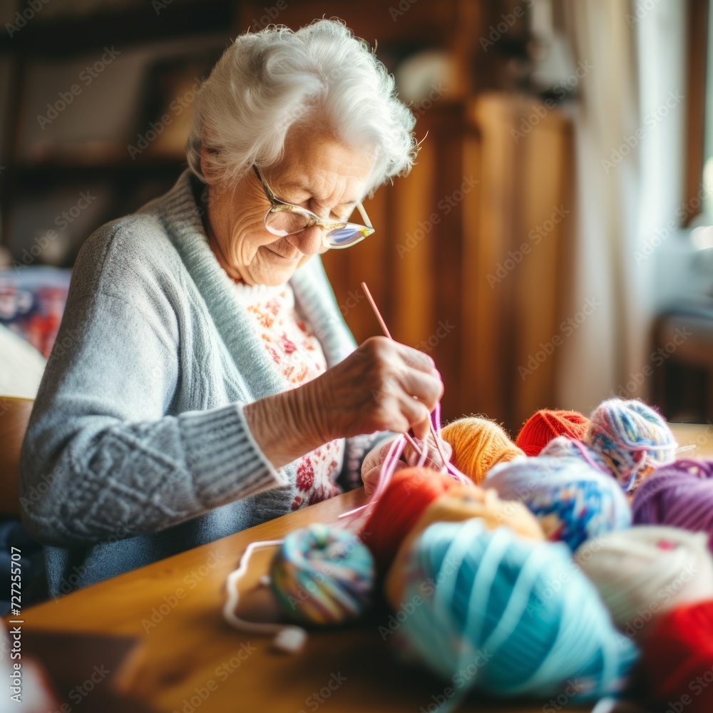 Poster stock image of an elderly woman knitting at home, crafting and creating generative ai