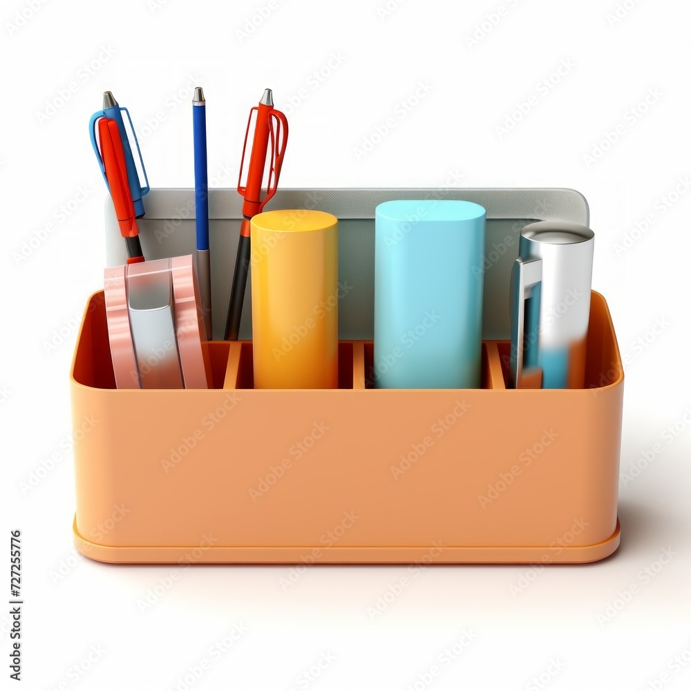 Poster stock image of an office desk organizer set on a white background, tidy, decluttering desk items gen