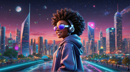 Virtual reality female gamer in futuristic city, 3d avatar of woman wearing VR headset in neon augmented reality cyberspace. Exploring the metaverse