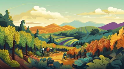 A picturesque vineyard during harvest season with workers and grapevines. Generative AI