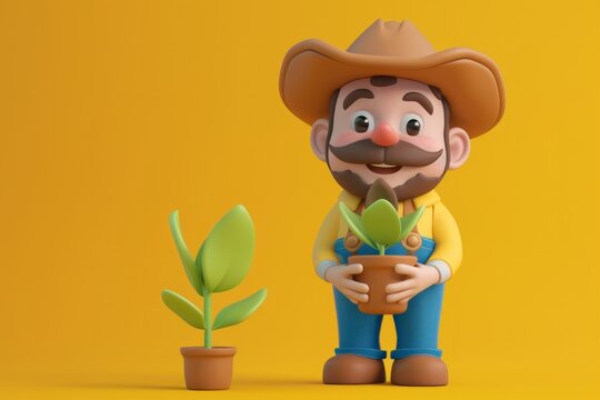 3d farmer in overalls and hat with plant in hands cartoon character, isolated on yellow color background