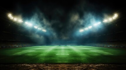 A photo of green soccer field bright spotlights match ground Generative AI