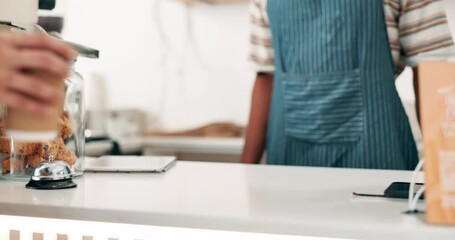 Hands, barista and takeaway coffee at counter for cafe service, small business or order. Person, beverage and espresso drink or apron for customer in restaurant or cappuccino, caffeine or convenience