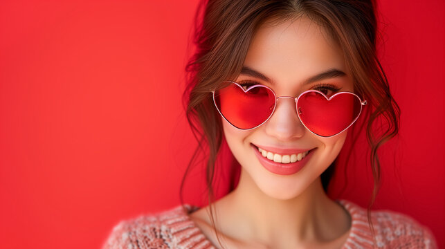 Happy young asian woman wearing red heart shaped sunglasses on red background.