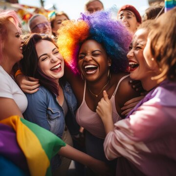 Stock image of LGBTQ community members supporting each other and sharing moments of joy and celebration Generative AI