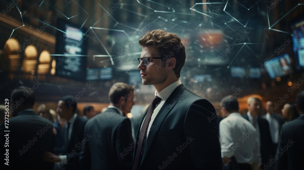 Aufkleber stockbroker networking at a finance conference, engaging with industry professionals and discussing 