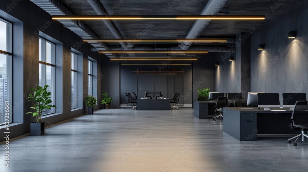 Poster Stylish modern office space featuring rows of sleek light fixtures, generating a professional and well-illuminated area conducive to focused work Generative AI