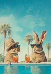 Two whimsical rabbits enjoy a sunny day by the pool, complete with refreshing cocktails and stylish accessories