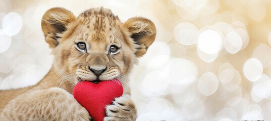 Lion cub with heart shaped gift, valentine s day animals in magical defocused background, text area.
