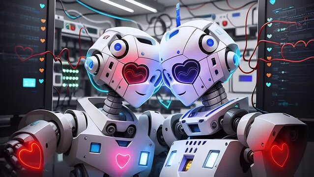 robots in love look at each other with loving eyes in shape of hearts. romantic date of future.
