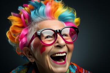 Cheerful granny in glasses with hair dyed in various bright colors