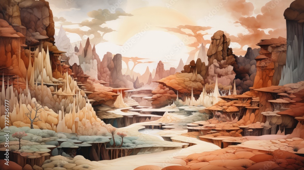 Poster surreal canyons with intricate formations. aquarelle generative ai
