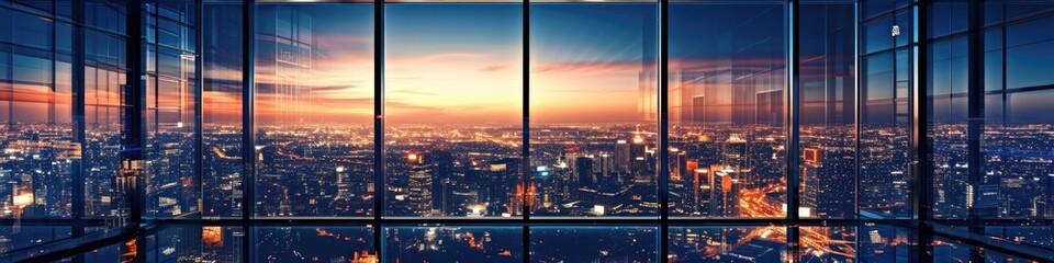 Fototapeta na wymiar Modern Three-Dimensional Office Interiors: Panoramic City View from Skyscraper