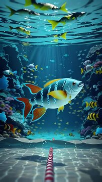bright tropical fish in clear ocean water among coral reefs. underwater world. vertical.
