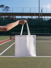 Eco-Friendly Mockup Tote Bag at Outdoor Tennis Court