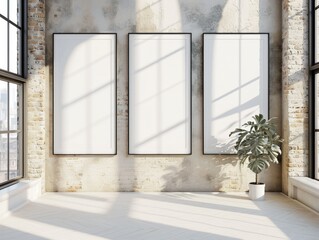Mockup Posters in Sunlit Loft Interior with Blank White Canvas. Architectural Design Template for Business or Office. Gallery Concept with Empty Frames and Space for Copy. Brick Wall Background.