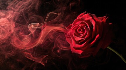 Red Smoke Swirls Around a Beautiful Rose on Dark Background - Abstract Valentine's Day Concept with Copyspace