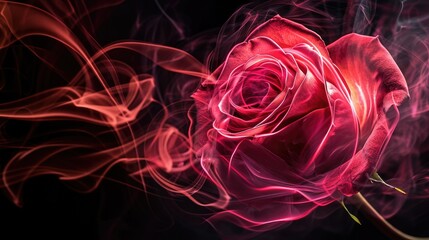 Red Smoke Swirl Surrounding Rose on Dark Background - Abstract Floral Concept