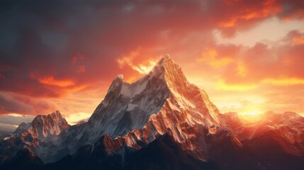 Naklejka premium The tranquility of a mountain sunrise, casting warm hues over jagged peaks and creating a stunning vista. Generative AI