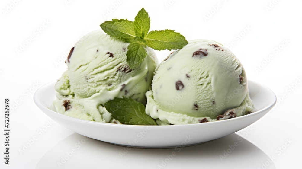 Poster three scoops of refreshing mint chocolate chip ice cream showcased in a close-up realistic photo aga