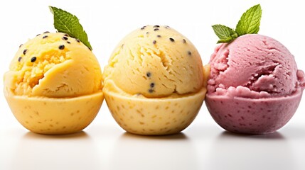 Three scoops of exotic passion fruit sorbet showcased in a close-up realistic photo against a white background Generative AI