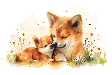 Happy Mother's Day watercolor illustration of a cute mother and baby dog celebrating love and family.