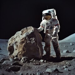 Astronaut in Space Suit Admiring a Grand Moon Rock - obrazy, fototapety, plakaty