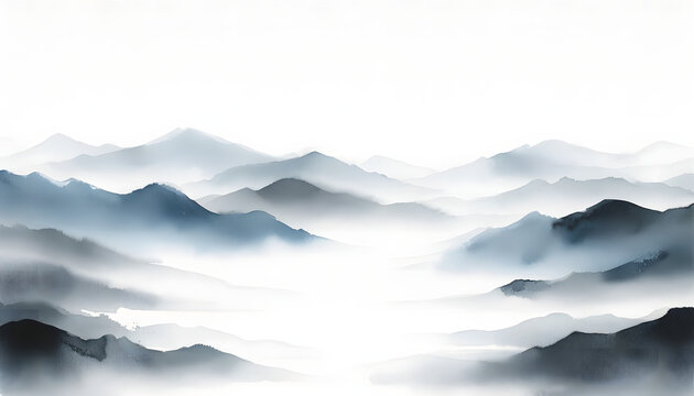 Paysage de montagnes stylis&eacute; et calme, baignant dans des nuances douces 