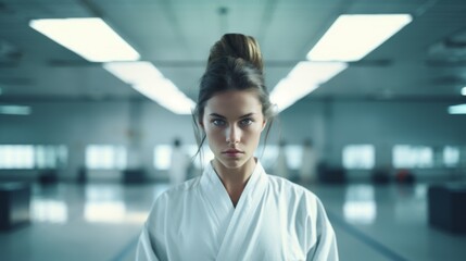 Fototapeta premium A scene capturing the concentration and dedication of a girl in a kimono during rigorous martial arts practice. Generative AI