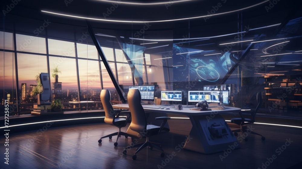 Poster ultra-modern business center with cutting-edge technology and workstations. generative ai