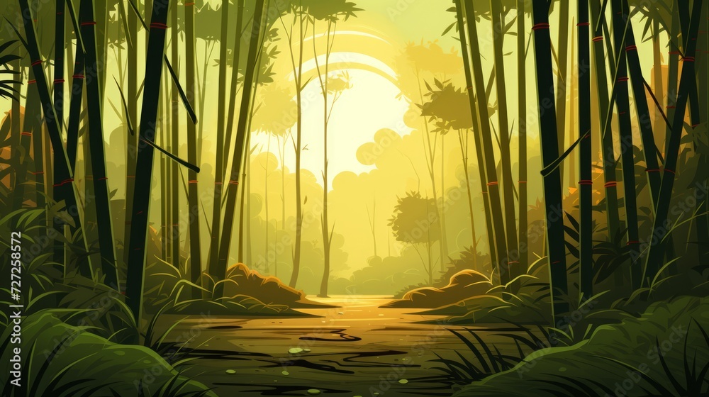 Poster a serene bamboo forest with tall stalks and filtered sunlight. generative ai