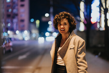 Fashionable woman laughing on a city street at night with bright lights.