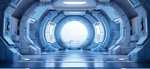 corridor or room inside a space station or spaceship, designed with sleek, futuristic aesthetics,large circular window,Minimalist metallic steel spaceship door
 - obrazy, fototapety, plakaty