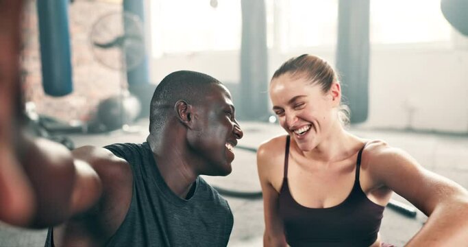Couple, gym selfie and happy workout, fitness or training break with social media for boxing results and health. Face or portrait of interracial people, boxer or personal trainer in a profile picture