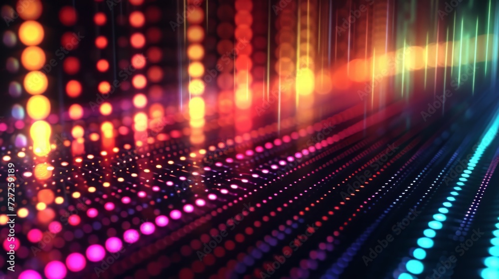 Poster visual equalizer display with cascading rows of glowing lights, dynamically responding to music, pro