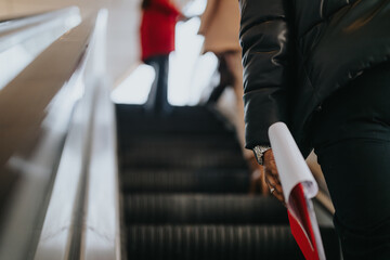 Focused shot of an individual's side with a watch, climbing up an escalator, gripping a rolled-up document or blueprint.