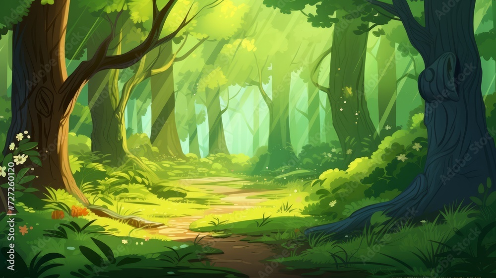 Poster A lush, green forest with towering trees and sunlight filtering through. Generative AI