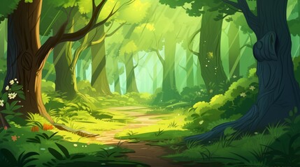A lush, green forest with towering trees and sunlight filtering through. Generative AI